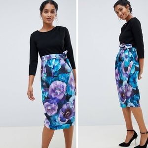 Closet‎ London 3/4 sleeve tulip dress w/ floral blue & purple printed skirt US 4